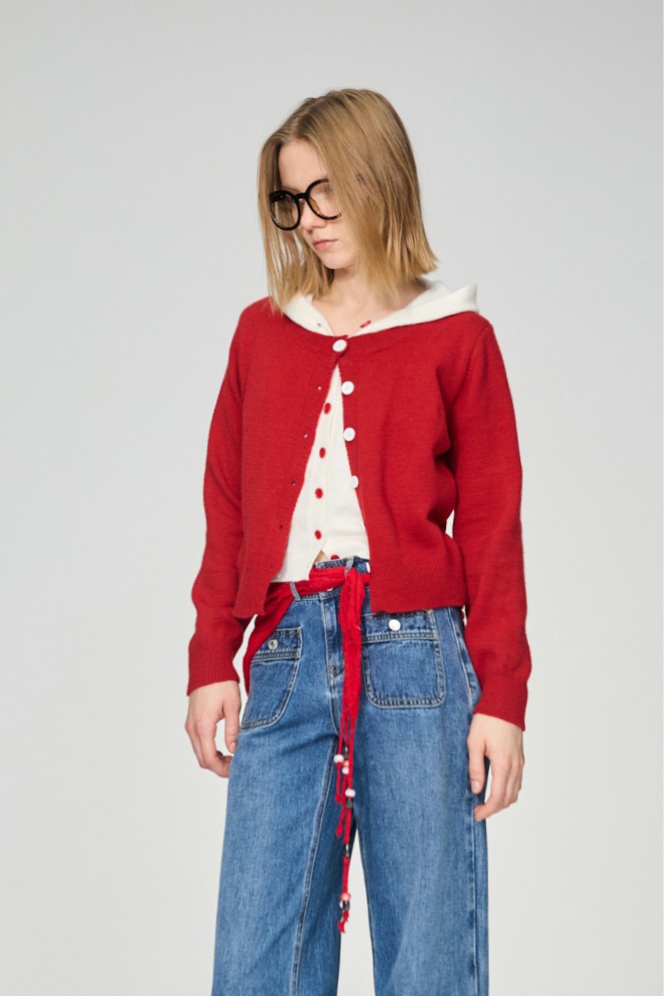 暖心時刻假兩件配色針織外套 - 耀眼赤紅, 36 1218 • Quiet Red|❤️週週新品 | New|▶十二月份◀ 25AW|上著 | Tops|五、七分袖 • 長袖上衣|針織 • 毛衣|外衣 | Outwears|針織外套