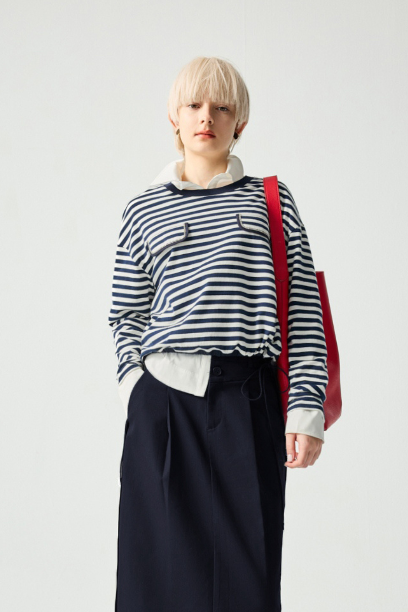 水手軍藍下擺縮口圓領上衣 - 深邃藏藍, 36 ❤️週週新品 | New|▶一月份◀ 25AW|0121 • Midnight Lilac|上著 | Tops|五、七分袖 • 長袖上衣