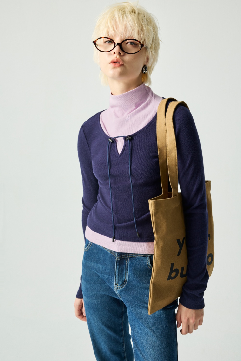 星辰暮紫配色假兩件長袖上衣 - 深邃藏藍, 36 ❤️週週新品 | New|▶一月份◀ 25AW|0121 • Midnight Lilac|上著 | Tops|五、七分袖 • 長袖上衣