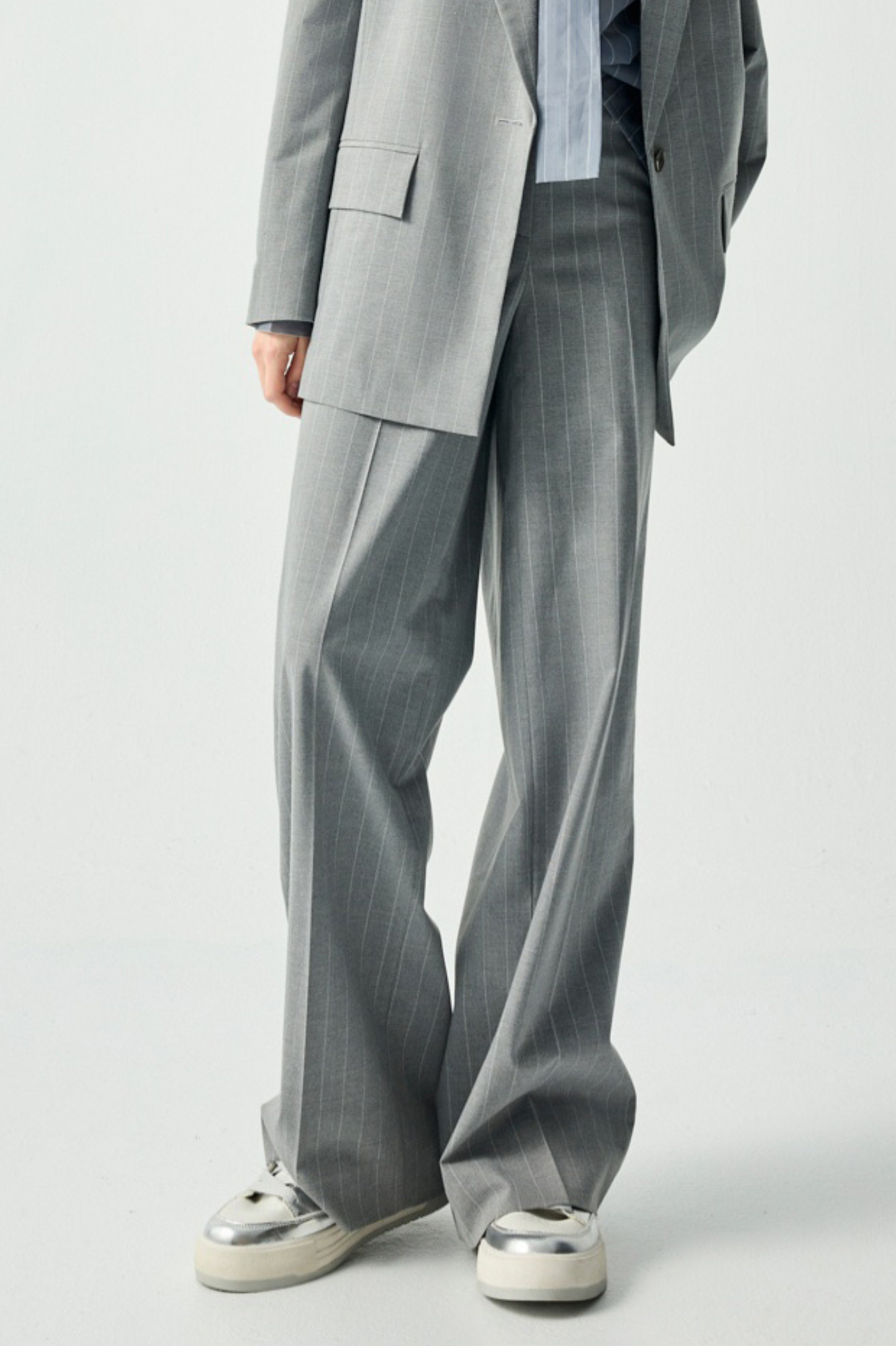 霧石帥氣條紋寬版長褲 - 沉穩霧灰, 36 ❤️週週新品 | New|▶一月份◀ 25AW|0121 • Midnight Lilac|下著 | Bottoms|長褲 • 寬褲