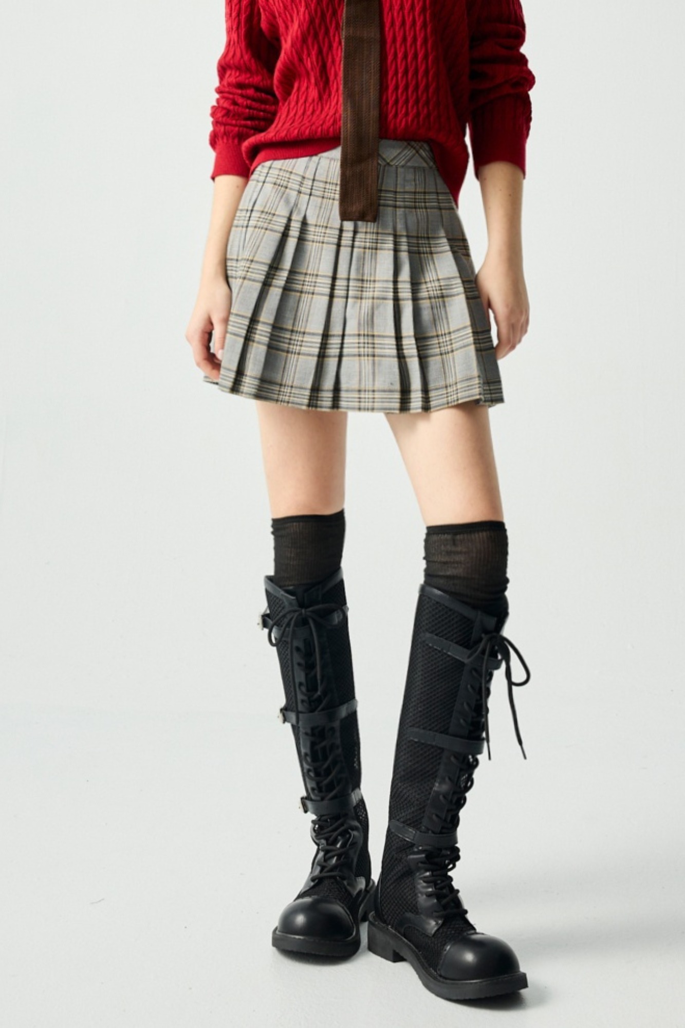 學院氣質壓褶裝飾格子裙 - 银河灰, 36 0128 • Red in Motion|⭐主題穿搭推薦⭐|➤派對穿搭系列|❤️週週新品 | New|▶一月份◀ 25AW|下著 | Bottoms|長裙 • 短裙