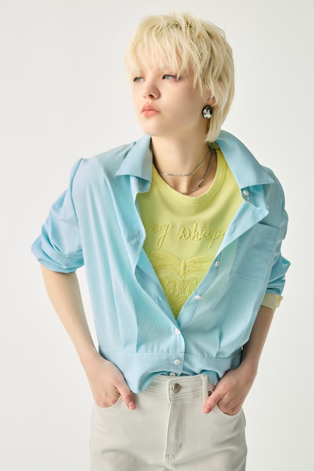 柔緞配色條紋長袖襯衫 - 藍白條紋, 36 ❤️週週新品 | New|▶二月份◀ 26SS|0226 • City Lights|上著 | Tops|五、七分袖 • 長袖上衣|襯衫