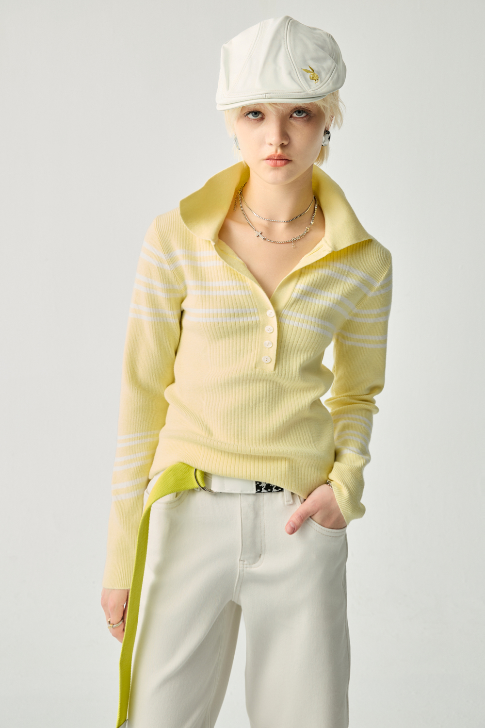 元氣滿滿半開襟配條針織上衣 - 金闕黄沉沉, 36 ❤️週週新品 | New|▶二月份◀ 26SS|0226 • City Lights|上著 | Tops|五、七分袖 • 長袖上衣|針織 • 毛衣