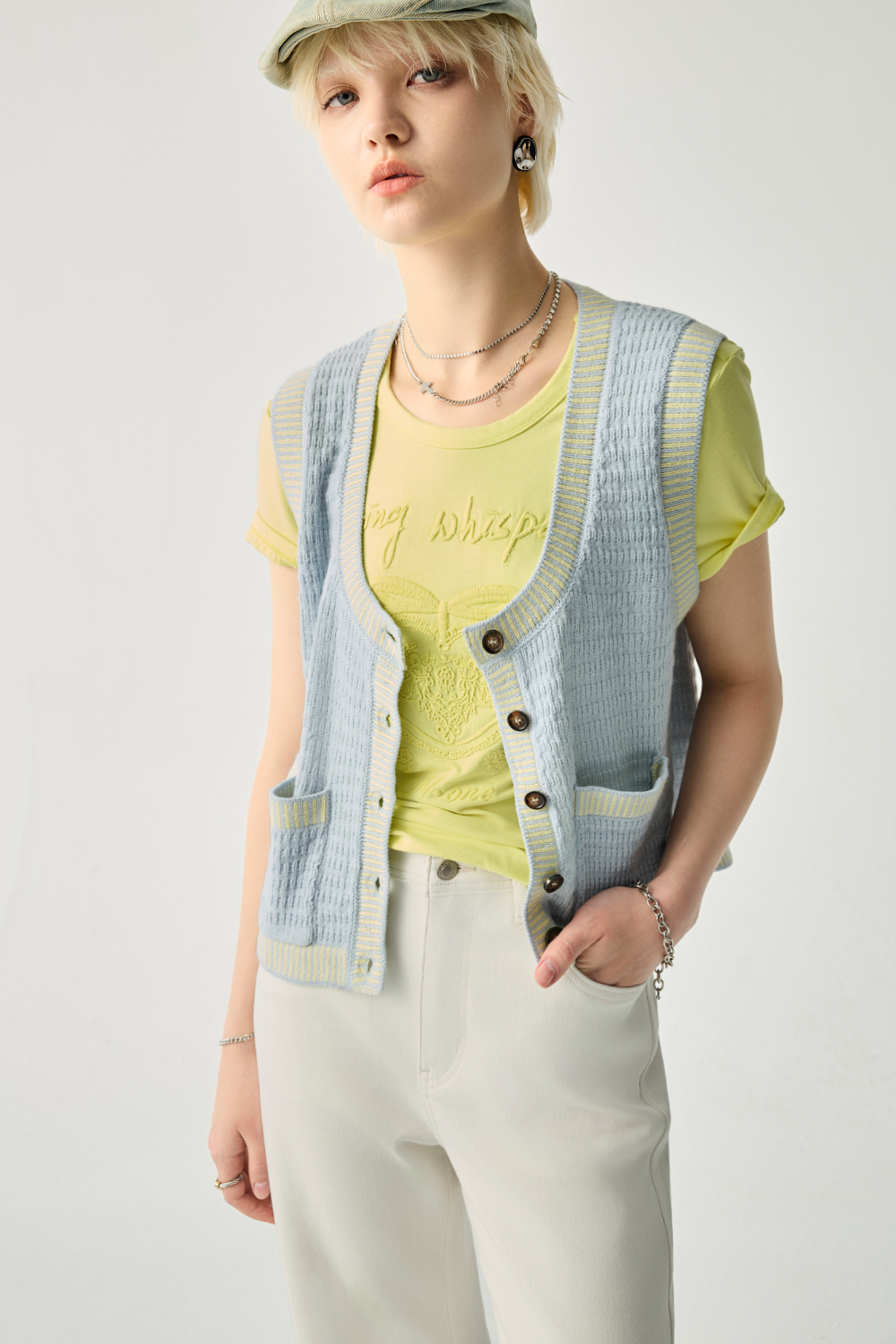 細膩織感可愛配條毛織背心 - 清新蔚藍, 36 ❤️週週新品 | New|▶二月份◀ 26SS|0226 • City Lights|外衣 | Outwears|針織外套|背心