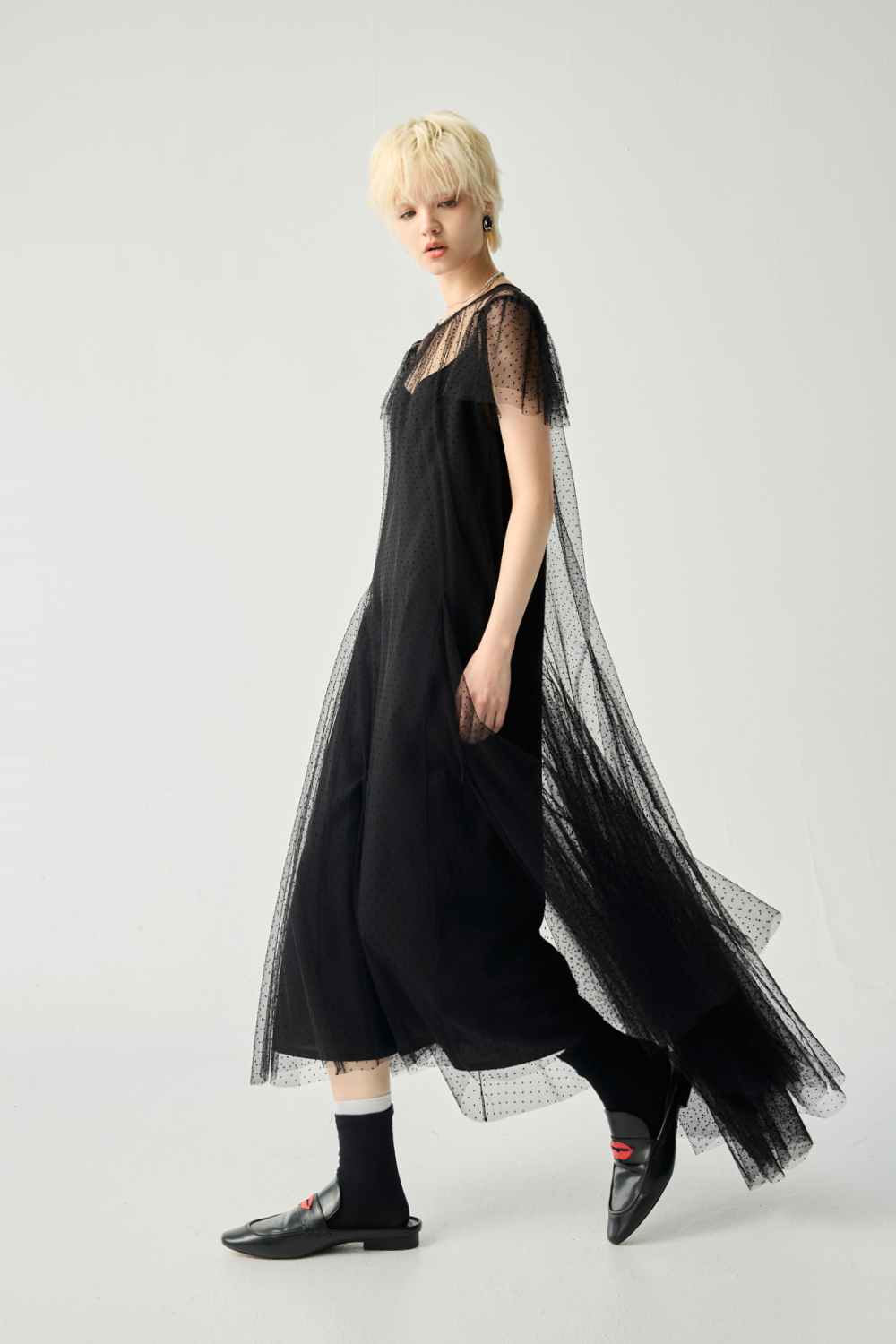 飄逸剪接點點洋裝(附活動內裡) - 神祕純黑, 36 0211 • Noir & Rouge|❤️週週新品 | New|▶二月份◀ 26SS|洋裝 | Dresses|長洋裝