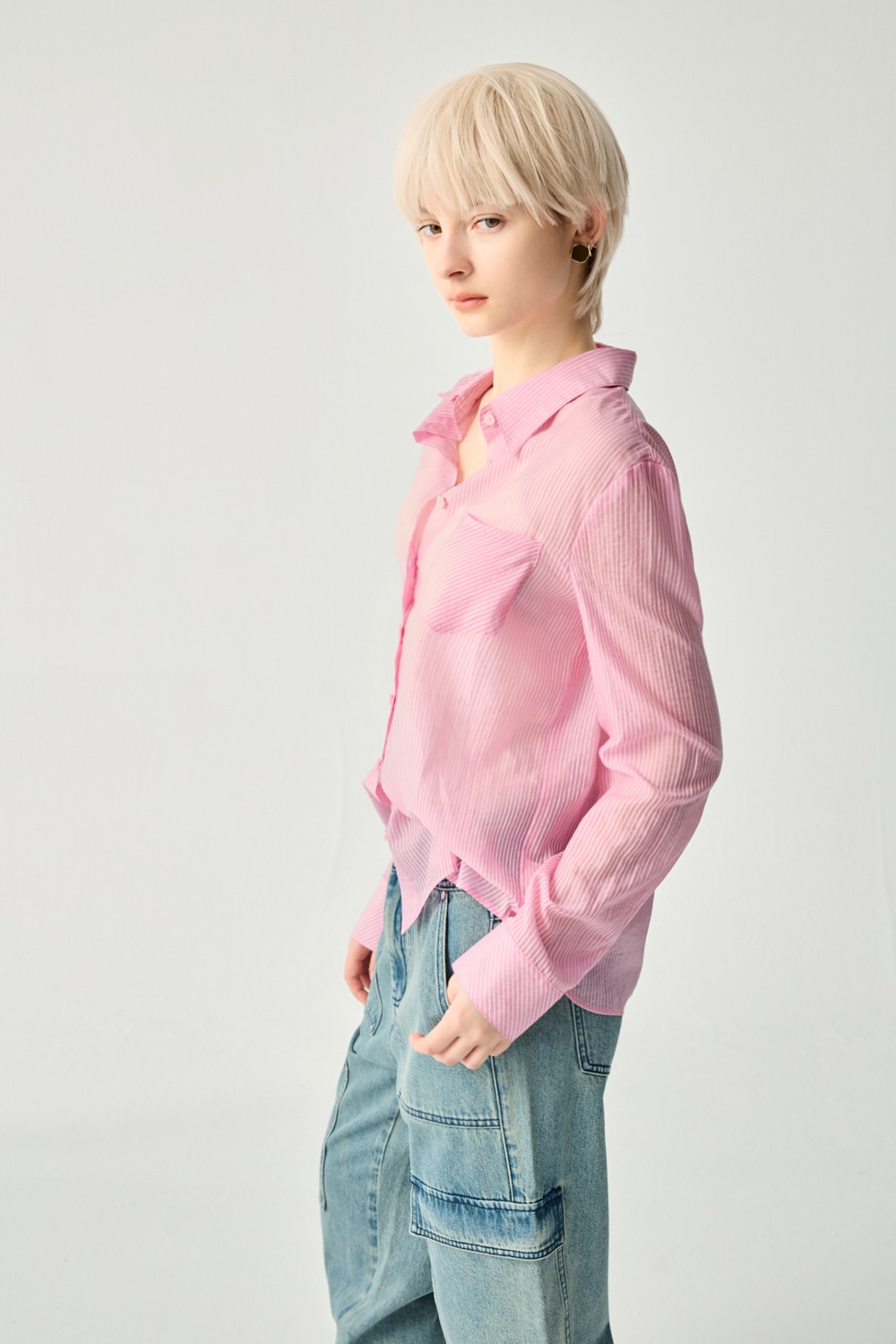 粉色留白輕薄條紋長袖襯衫 - 既睡粉黛, 36 ❤️週週新品 | New|▶二月份◀ 26SS|0204 • Spring Overture|上著 | Tops|五、七分袖 • 長袖上衣|襯衫