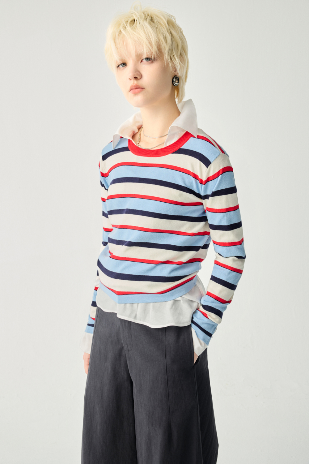 藍調午後條紋配色針織上衣 - 清新蔚藍, 36 ❤️週週新品 | New|▶二月份◀ 26SS|0209 • Daily Rhythm|上著 | Tops|五、七分袖 • 長袖上衣|針織 • 毛衣