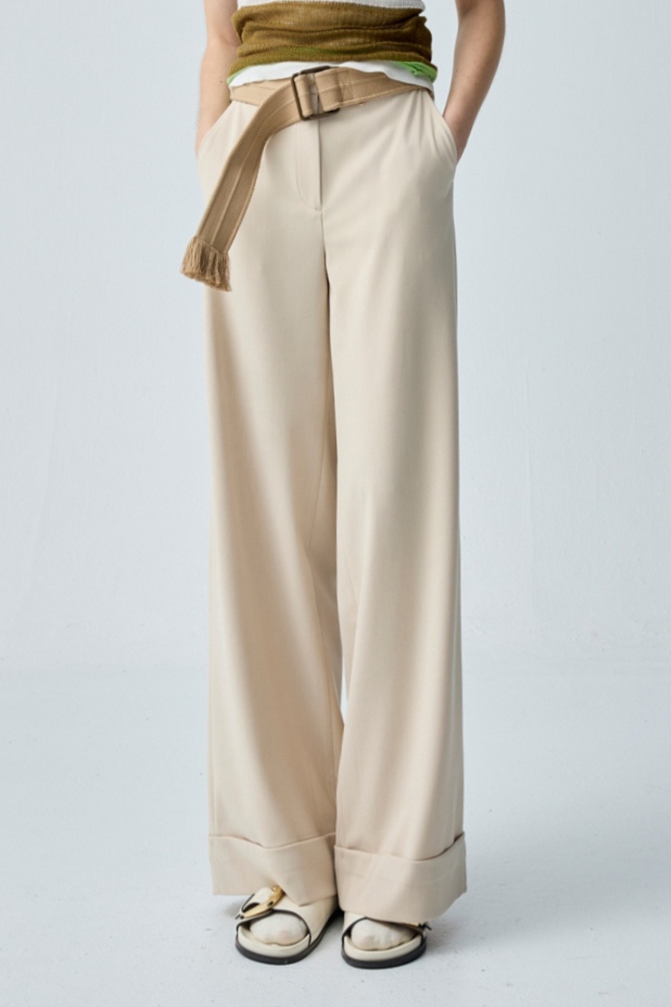 雨後草原褲口反摺寬版長褲 - 奶油杏色, 36 0319 • Light & Lovely|❤️週週新品 | New|▶三月份◀ 26SS|下著 | Bottoms|長褲 • 寬褲