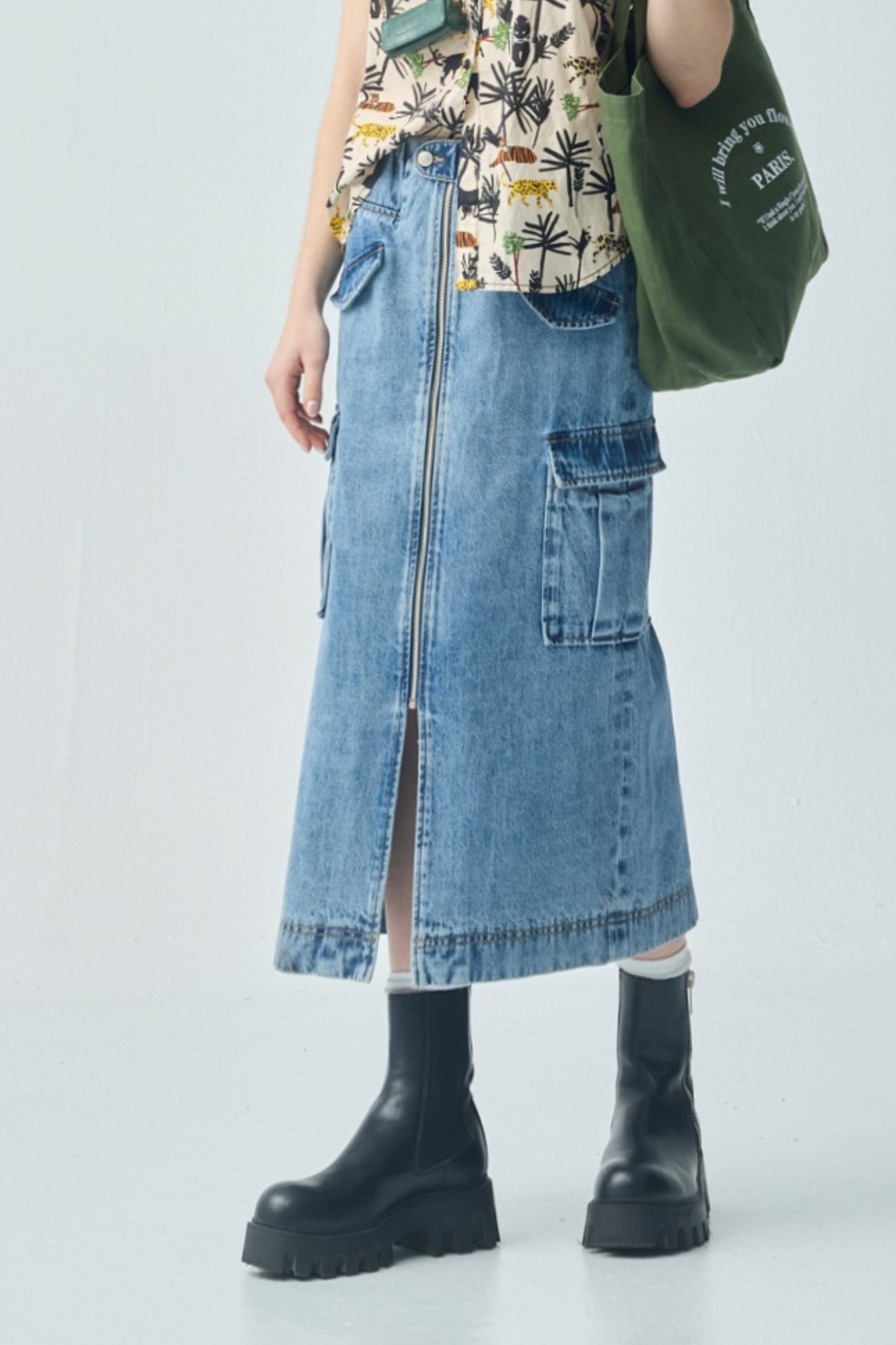 無聲藍調腰頭鬆緊拉鍊牛仔裙 - 清新蔚藍, 36 ▶三月份◀ 26SS|0305 • Urban Jungle|❤️週週新品 | New|下著 | Bottoms|長裙 • 短裙|牛仔丹寧