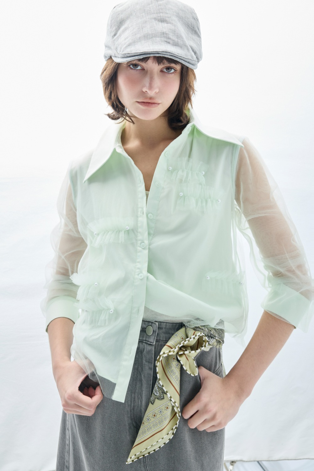 氣質小清新外層網紗珠珠襯衫 - 酪梨綠色, 36 ❤️週週新品 | New|▶三月份◀ 26SS|0326 • Sweet Moments|上著 | Tops|五、七分袖 • 長袖上衣|襯衫