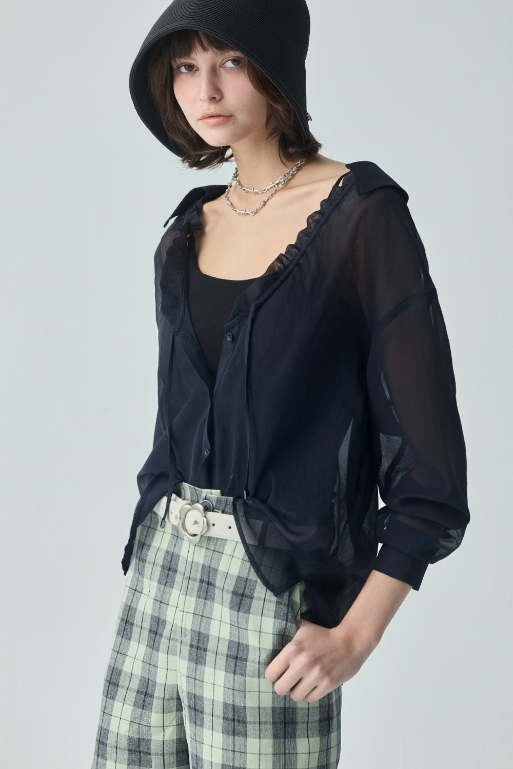 深邃典藏微透感V領抽繩上衣 - 深邃藏藍, 36 ❤️週週新品 | New|▶三月份◀ 26SS|0326 • Sweet Moments|上著 | Tops|五、七分袖 • 長袖上衣