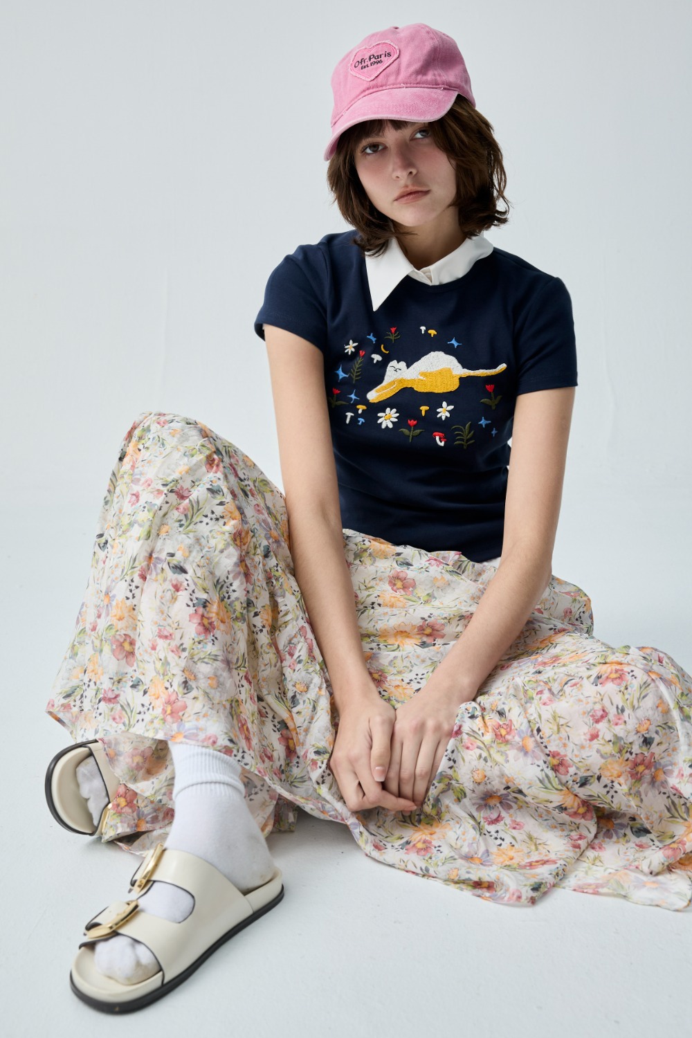 休閒小貓可愛繡花短袖上衣 - 深邃藏藍, 36 ❤️週週新品 | New|▶三月份◀ 26SS|0326 • Sweet Moments|上著 | Tops|無袖 • 短袖上衣|T-shirt