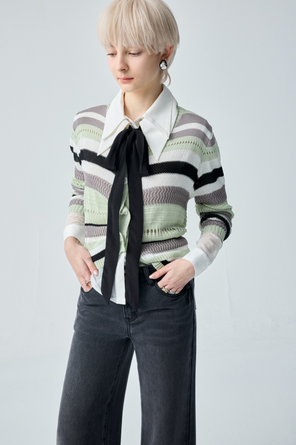 森林時光配條針織開襟外套 - 酪梨綠色, 36 ❤️週週新品 | New|▶三月份◀ 26SS|0326 • Sweet Moments|上著 | Tops|五、七分袖 • 長袖上衣|針織 • 毛衣|外衣 | Outwears|針織外套