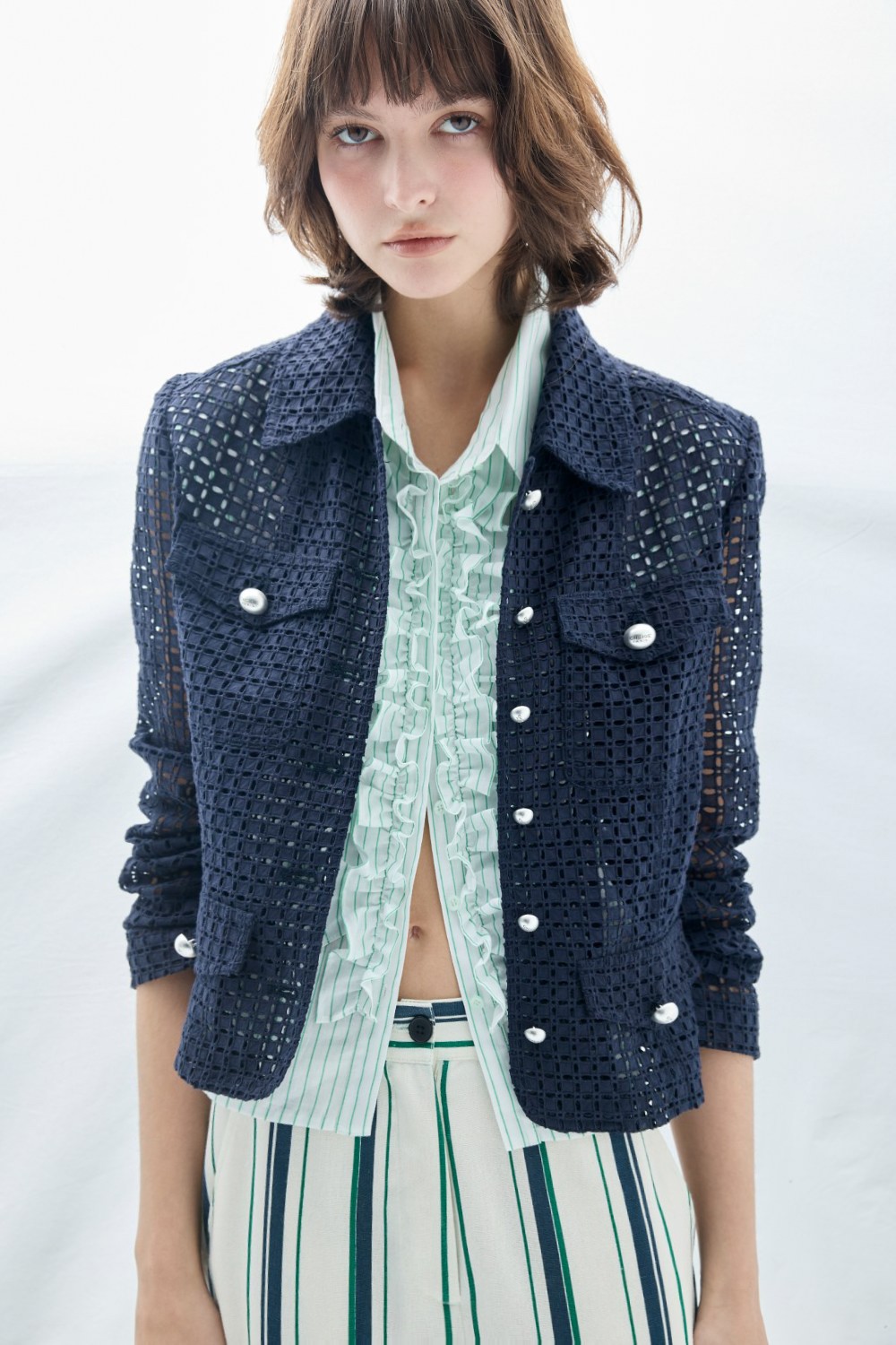 深層秘境簍空繡花長袖外套 - 深邃藏藍, 36 ▶四月份◀ 26SS|0402 • Lines & Space|❤️週週新品 | New|外衣 | Outwears|夾克 • 短外套|西裝外套