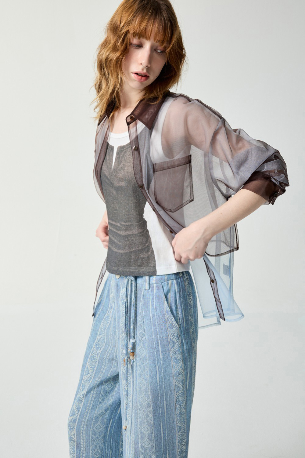 微涼序曲設計感雙層網紗襯衫 - 古樸咖啡, 36 0416 • Urban Player|❤️週週新品 | New|▶四月份◀ 26SS|上著 | Tops|五、七分袖 • 長袖上衣|襯衫|外衣 | Outwears|罩衫