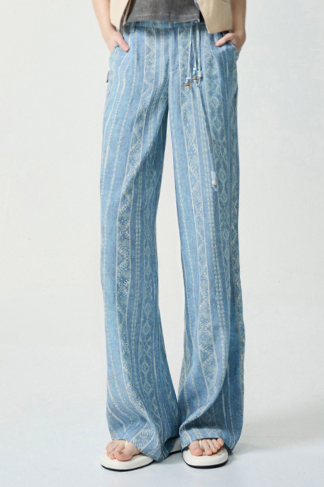 浮雲與大地印花圖騰寬褲(附腰繩) - 清新蔚藍, 36 0416 • Urban Player|❤️週週新品 | New|▶四月份◀ 26SS|下著 | Bottoms|長褲 • 寬褲