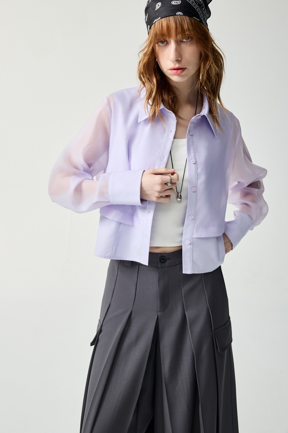 空靈叛逆配布剪接造型襯衫 - 薰衣草紫, 36 ❤️週週新品 | New|▶四月份◀ 26SS|0423 • Quiet form|上著 | Tops|五、七分袖 • 長袖上衣|襯衫