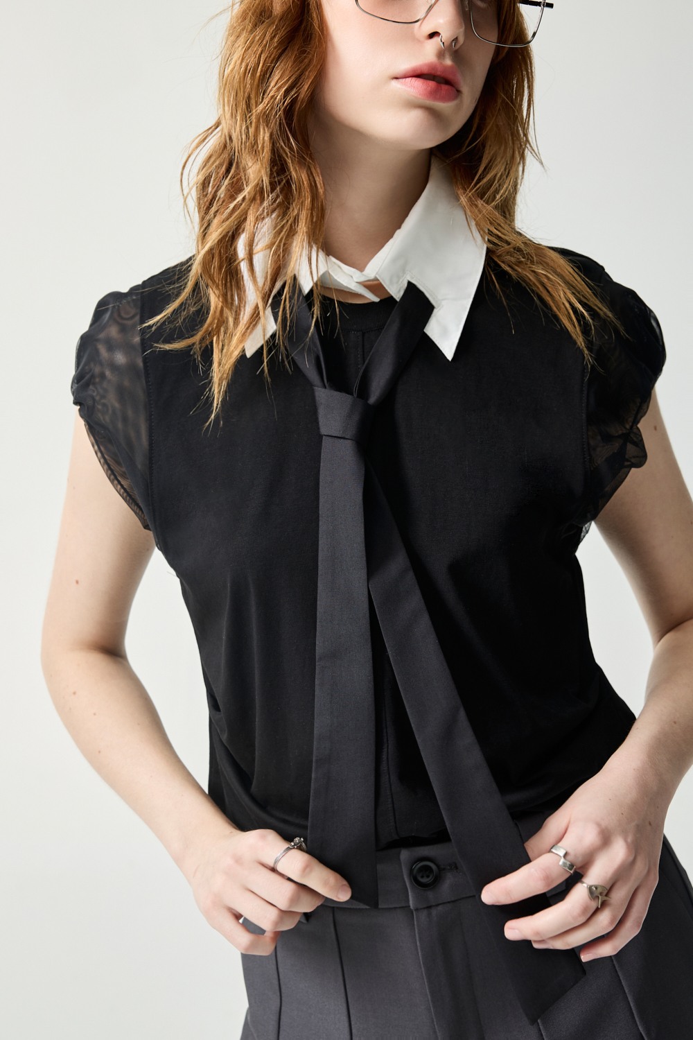 暗黑童話網紗袖剪接上衣 - 神祕純黑, 36 ❤️週週新品 | New|▶四月份◀ 26SS|0423 • Quiet form|上著 | Tops|無袖 • 短袖上衣