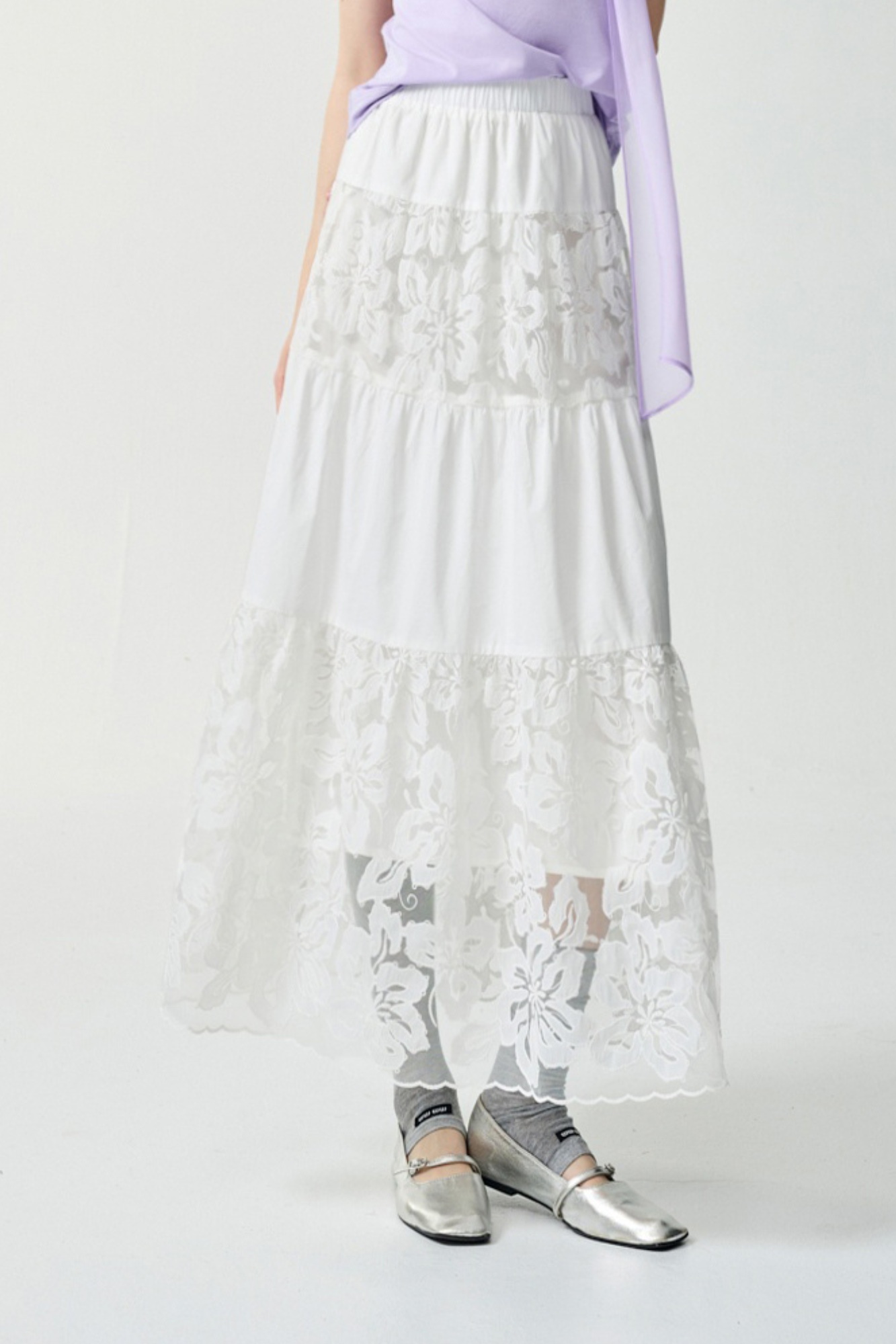 清冷花事蕾絲剪接蛋糕裙 - 無瑕純白, 36 ❤️週週新品 | New|▶四月份◀ 26SS|0423 • Quiet form|下著 | Bottoms|長裙 • 短裙