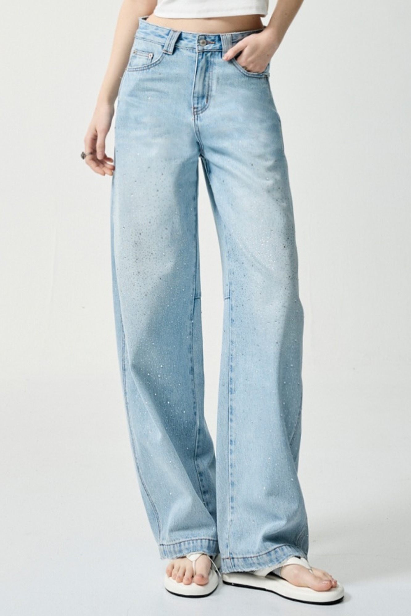 原生力量剪接亮鑽牛仔褲 - 清新蔚藍, 36 ❤️週週新品 | New|▶四月份◀ 26SS|0423 • Quiet form|下著 | Bottoms|長褲 • 寬褲|牛仔丹寧