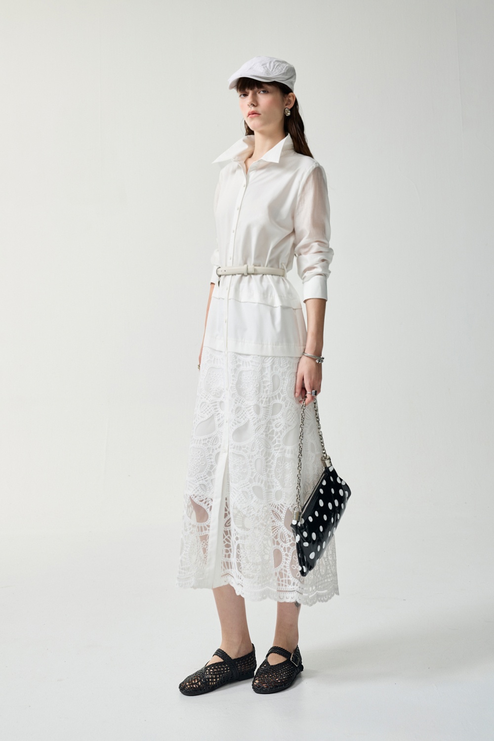 揉入春風配布剪接蕾絲洋裝 - 無瑕純白, 36 ❤️週週新品 | New|▶四月份◀ 26SS|0423 • Quiet form|上著 | Tops|五、七分袖 • 長袖上衣|洋裝 | Dresses|長洋裝|外衣 | Outwears|罩衫