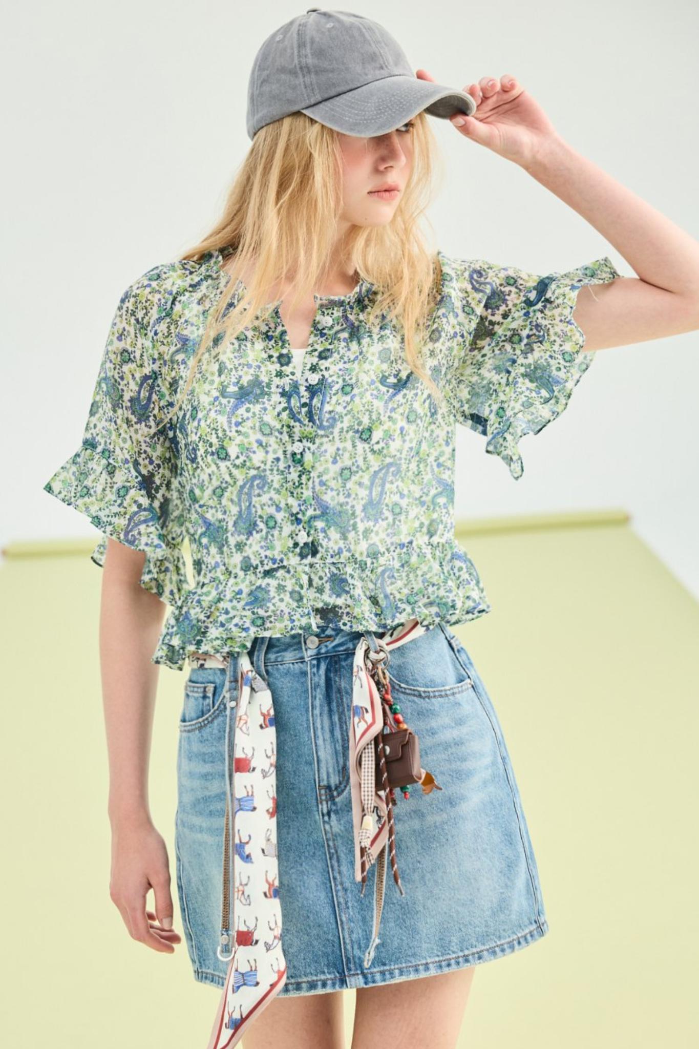 療癒色調印花荷葉開襟上衣 - 平靜翠綠, 36 0730 • Summer Breeze|❤️週週新品 | New|▶七月份◀ 26SS|上著 | Tops|五、七分袖 • 長袖上衣