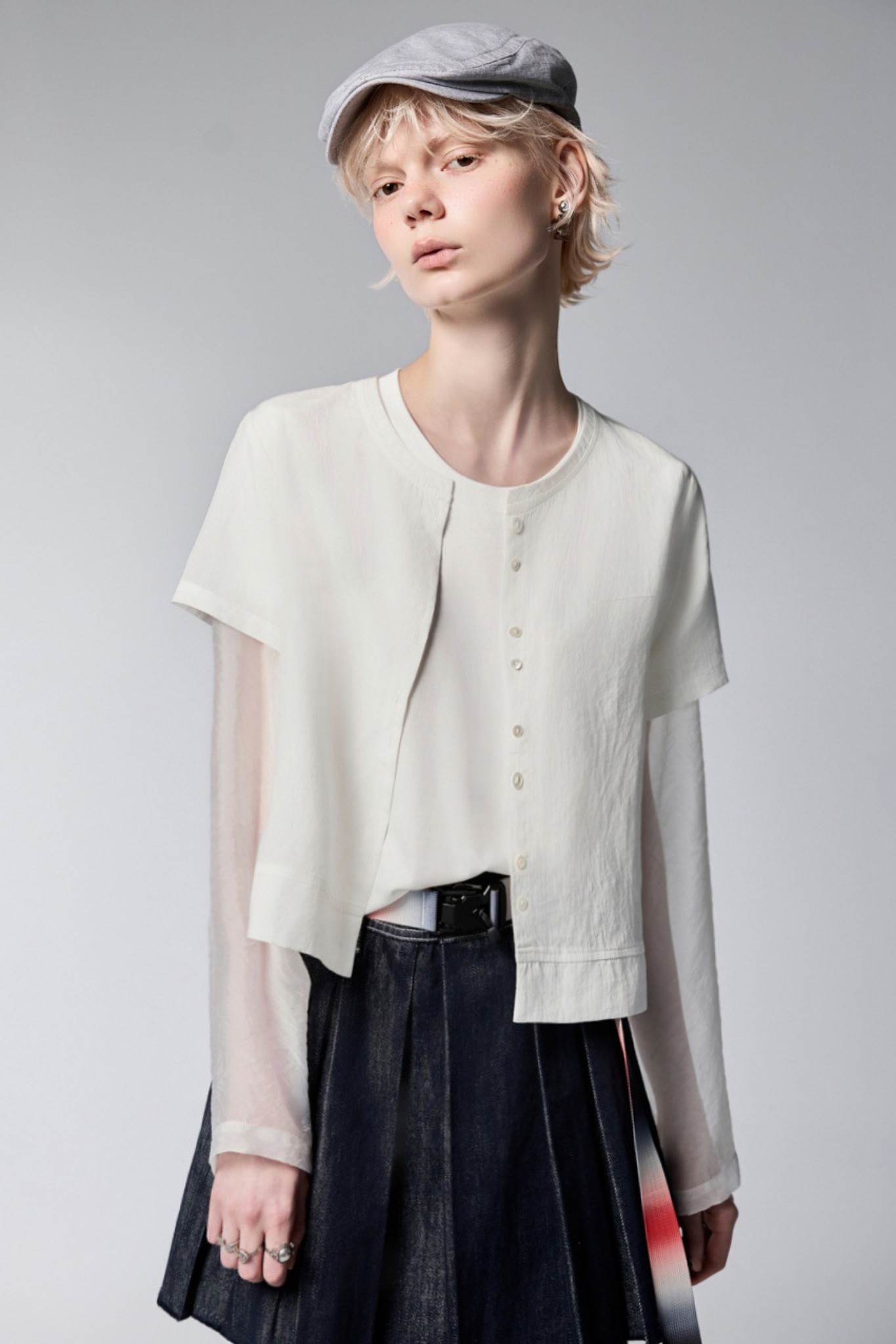 奶油日光剪接配布圓領襯衫 ❤️週週新品 | New|▶八月份◀ 26AW|0827 • UNBOUND|上著 | Tops|五、七分袖 • 長袖上衣|襯衫