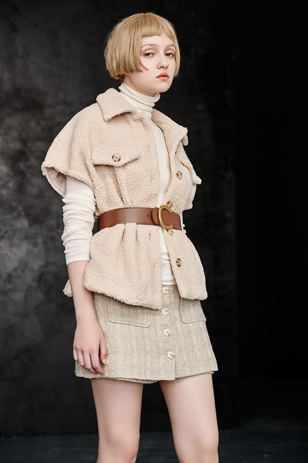日光美學翻領落肩寬鬆羊毛短版外套 - 可可卡其, F 新品 | New|外衣 | Outwears|針織外套