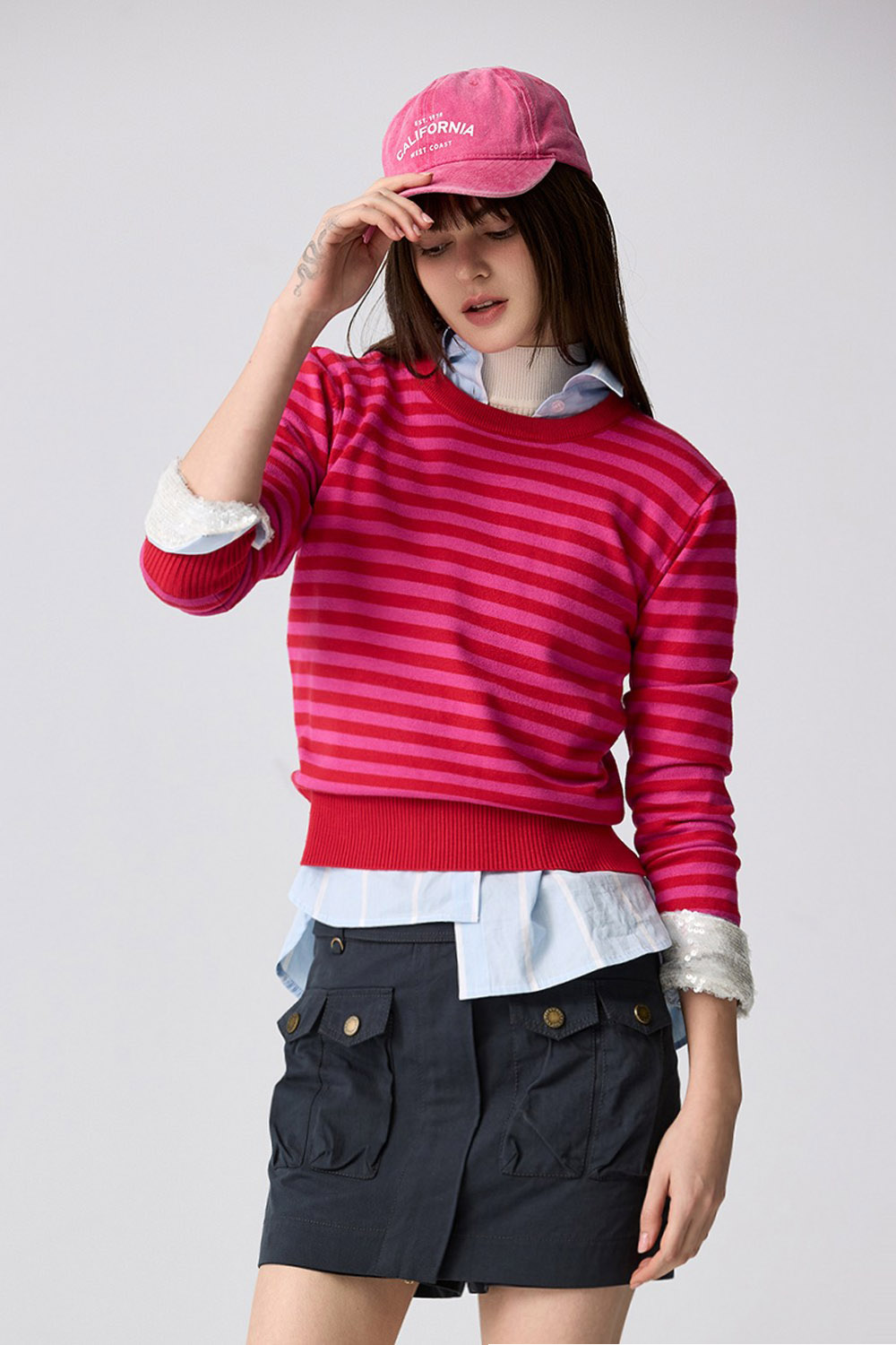 桃柔粉潤雙色配條針織上衣 🔥年末限時 𝐒𝐀𝐋𝐄 買起來!!! 🔥|➤🔥上衣|全館商品|❤️週週新品 | New|上著 | Tops|五、七分袖 • 長袖上衣|無袖 • 短袖上衣