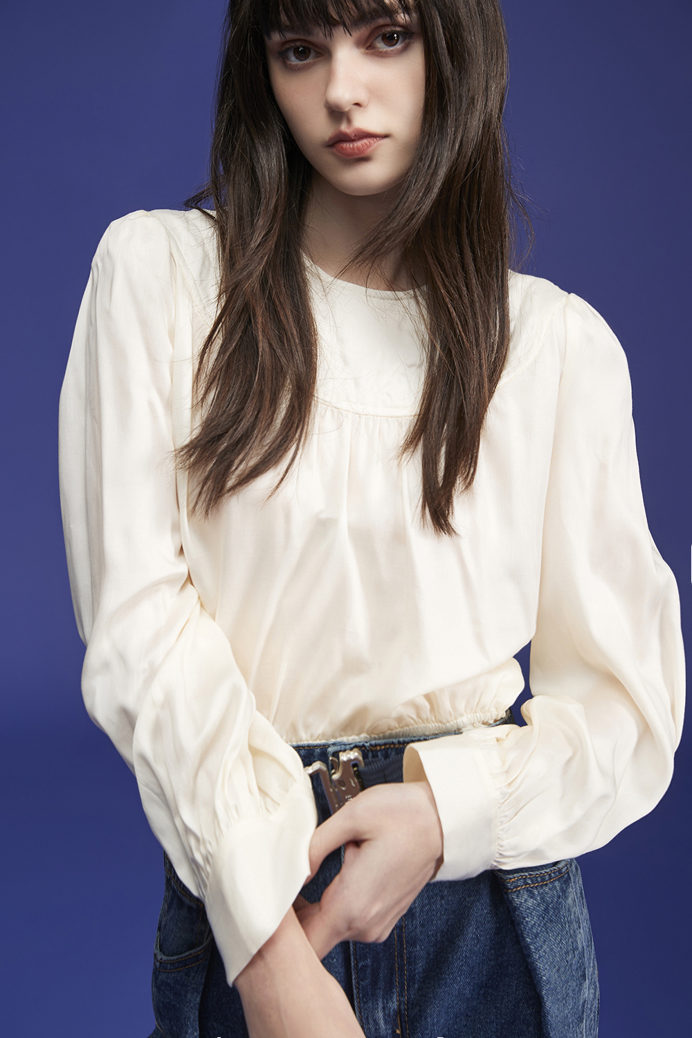 月下時光氣質緞面收腰上衣 - 奶油杏色, 36 全館商品|❤️週週新品 | New|上著 | Tops|五、七分袖 • 長袖上衣